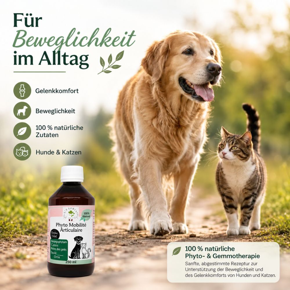 Phyto Mobilité Articulaire Flasche mit 250ml, für Hunde und Katzen, für Beweglichkeit und Gelenkkomfort.