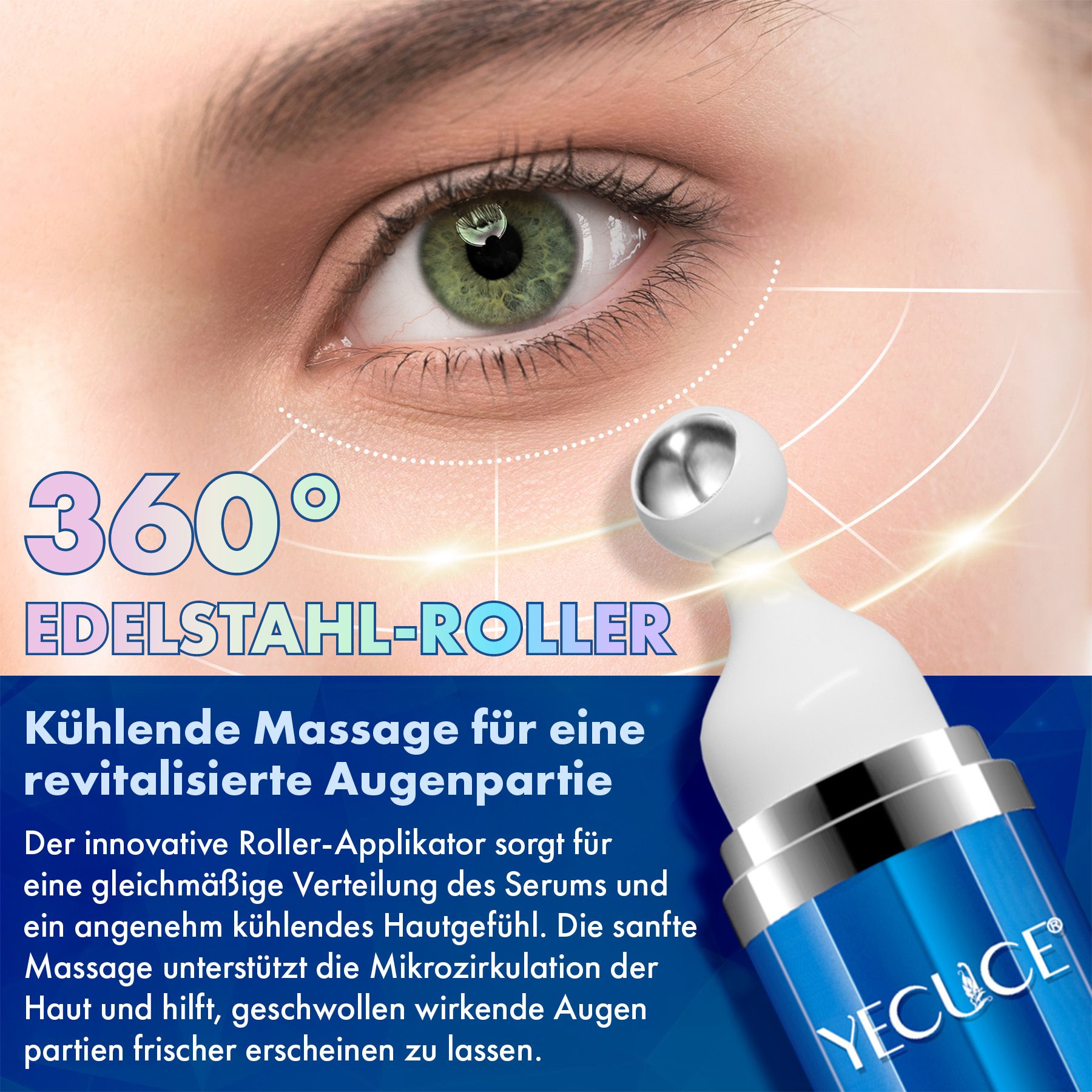 Augenroller-Applikator mit 360° Edelstahl-Kugel für kühle Massage.