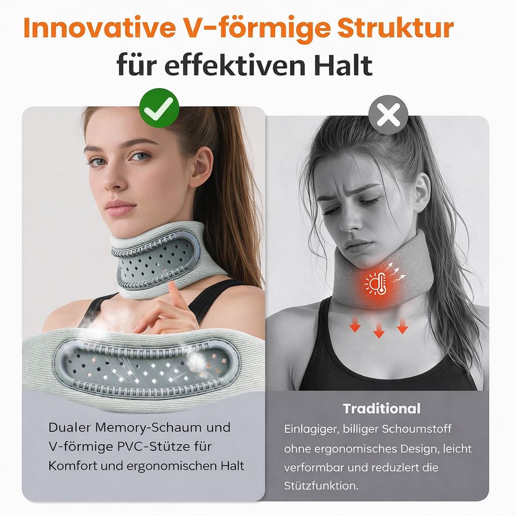 Nackenstütze, grau. V-förmige Struktur, Memory-Schaum. Vergleich: links mit Stütze, rechts ohne. Text: effektiver Halt.