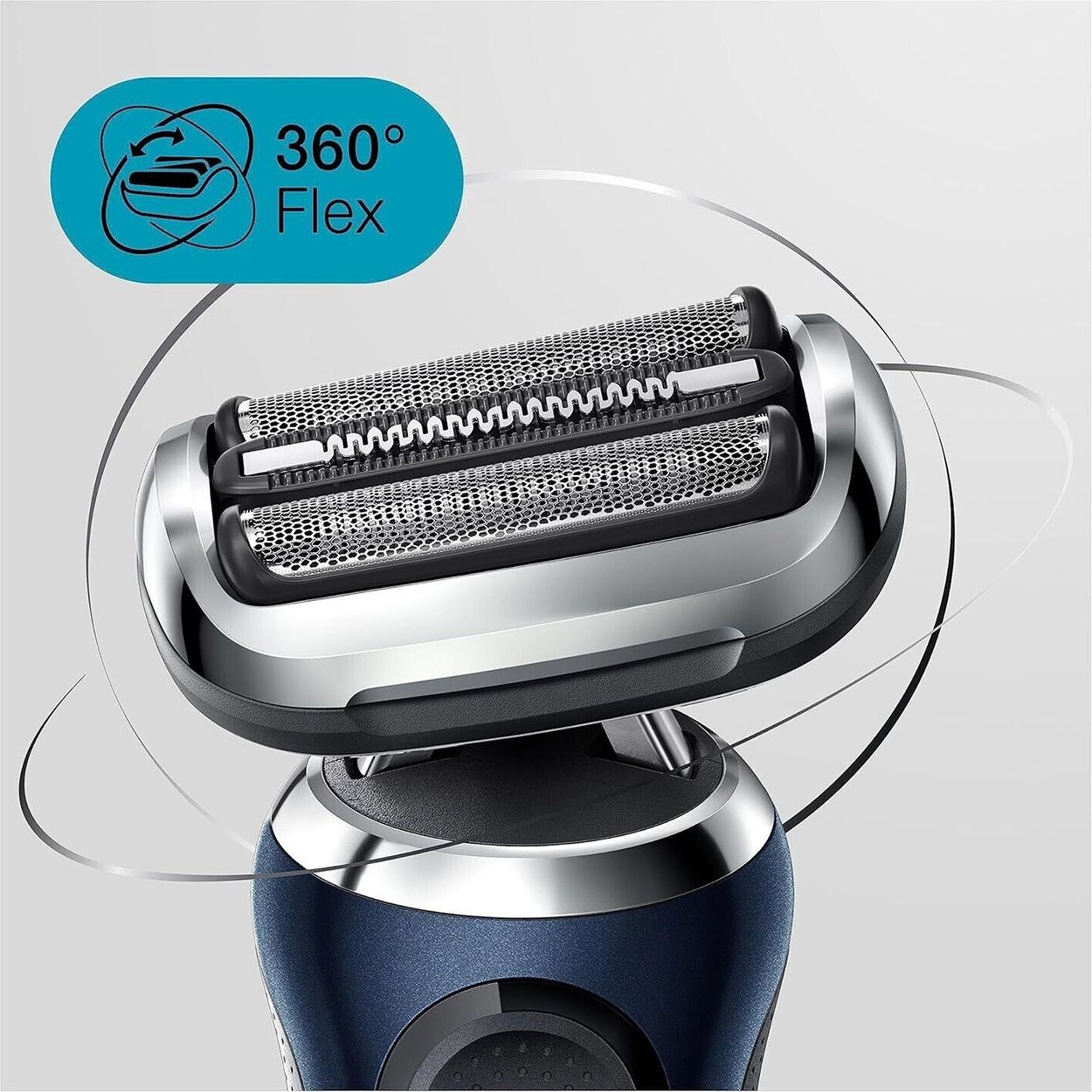 Nahaufnahme des Scherkopfs des Braun Series 7 Rasierers. Der Scherkopf ist flexibel.