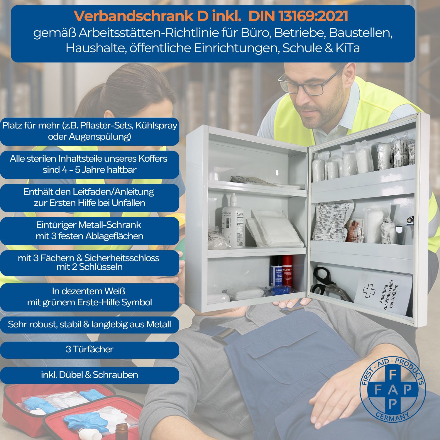 Verbandschrank D geöffnet, mit Inhalt. Text: Verbandschrank D inkl. DIN 13169:2021. Erste Hilfe.