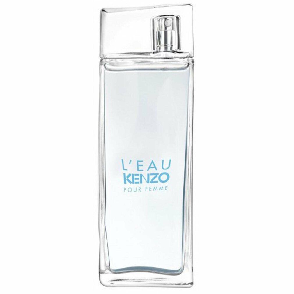 Glasflakon mit Sprühkopf und Schriftzug L'EAU KENZO POUR FEMME. Klarer, rechteckiger Flakon.