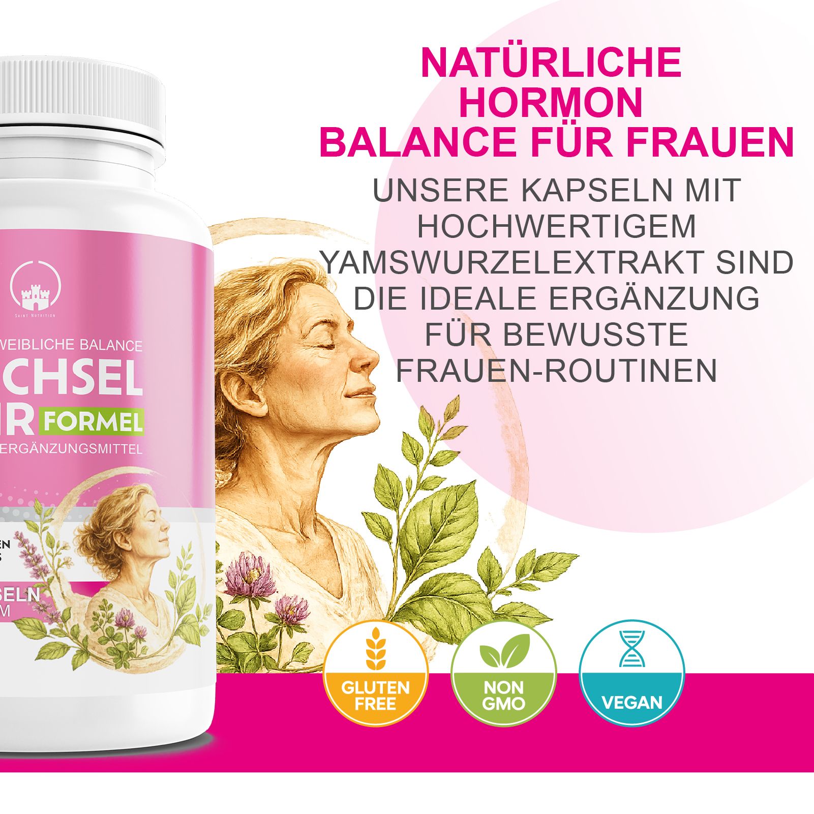 Flasche mit Wechseljahr Formel, daneben eine Frau und Kräuter. Mit Siegeln 'Gluten Free', 'Non GMO', 'Vegan'.