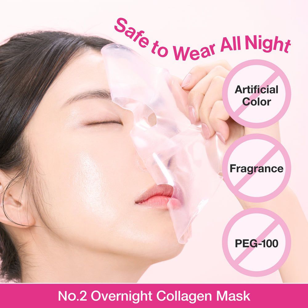 Frau trägt NUMBUZIN Nr.2 Rose PDRN Overnight Collagen Hydrogel-Maske; frei von künstlichen Farbstoffen.