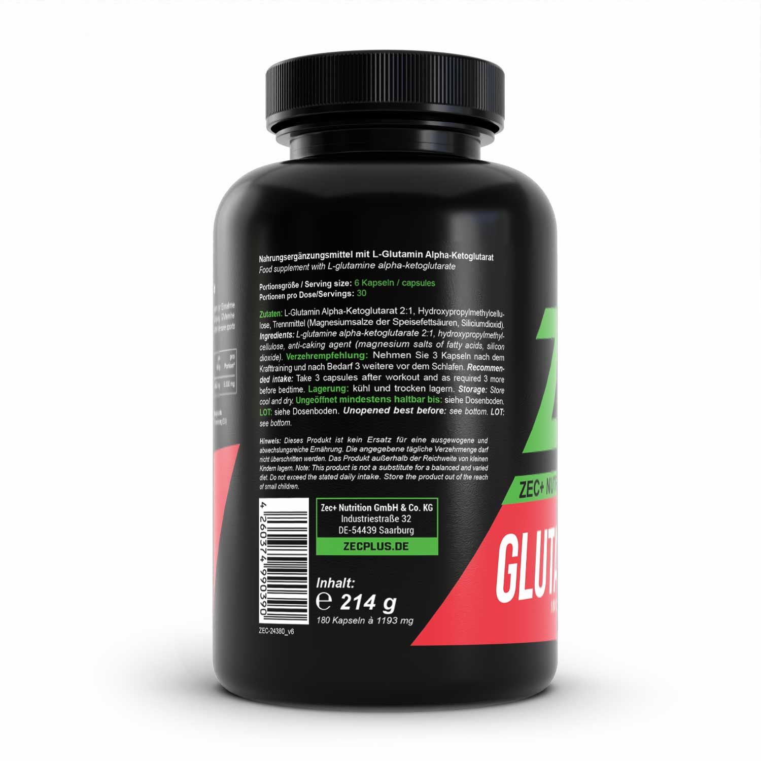 Rückseite einer schwarzen Flasche. Rotes Etikett mit weißer Schrift. Aufschrift: ZEC+ Nutrition, Inhalt: 180 Kapseln.