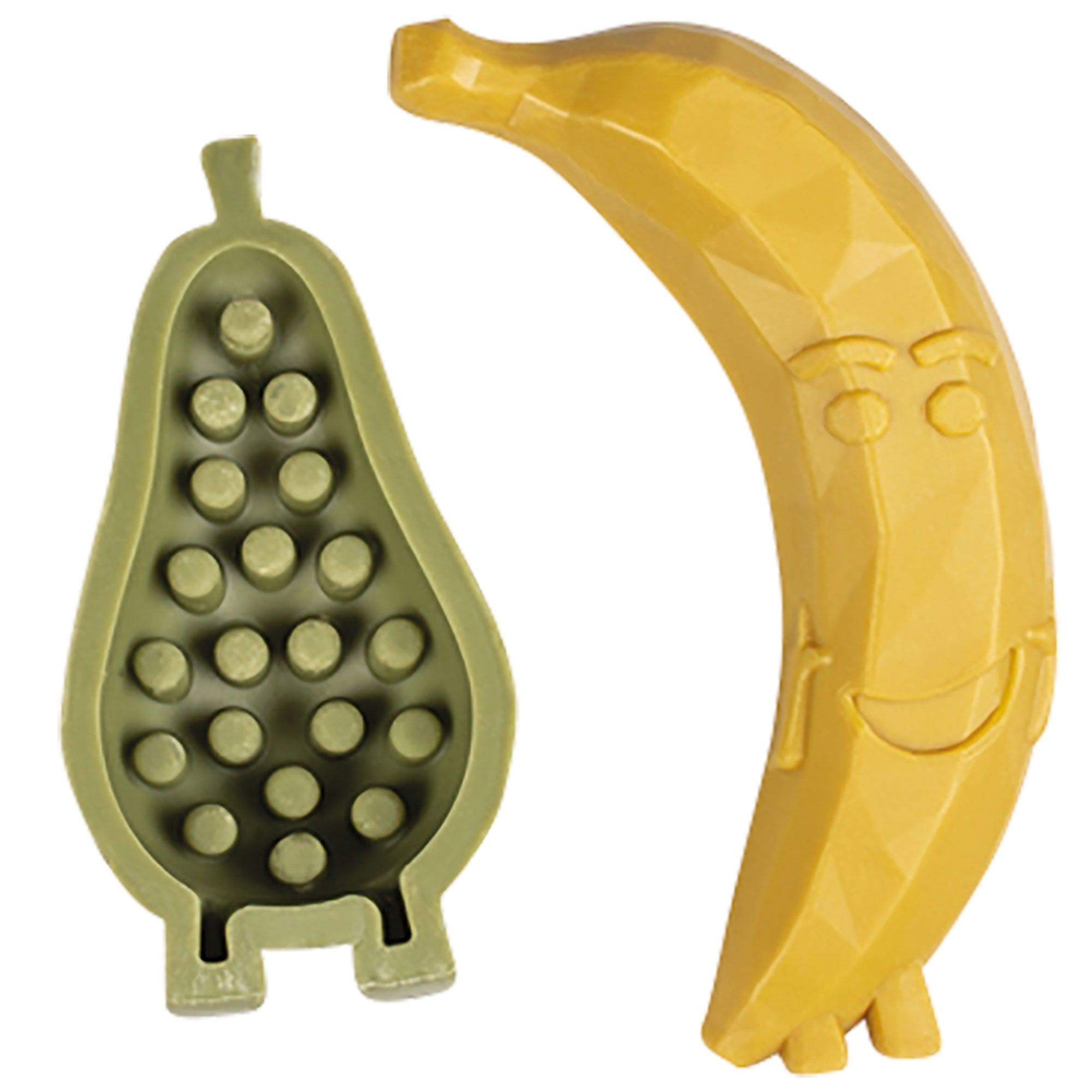 Eine gelbe Banane und eine grüne Birne, beide mit Gesichtern, liegen nebeneinander. Die Birne hat eine Noppenoberfläche.