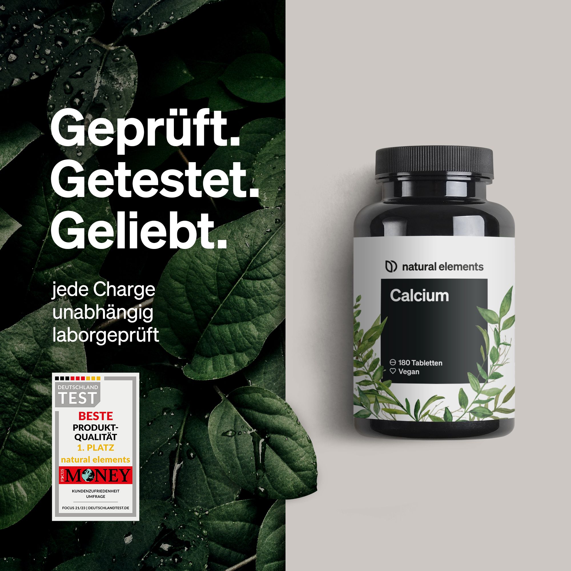 Schwarze Flasche mit weißem Etikett. Text: natural elements Calcium, 180 Tabletten, Vegan. Zertifizierung.