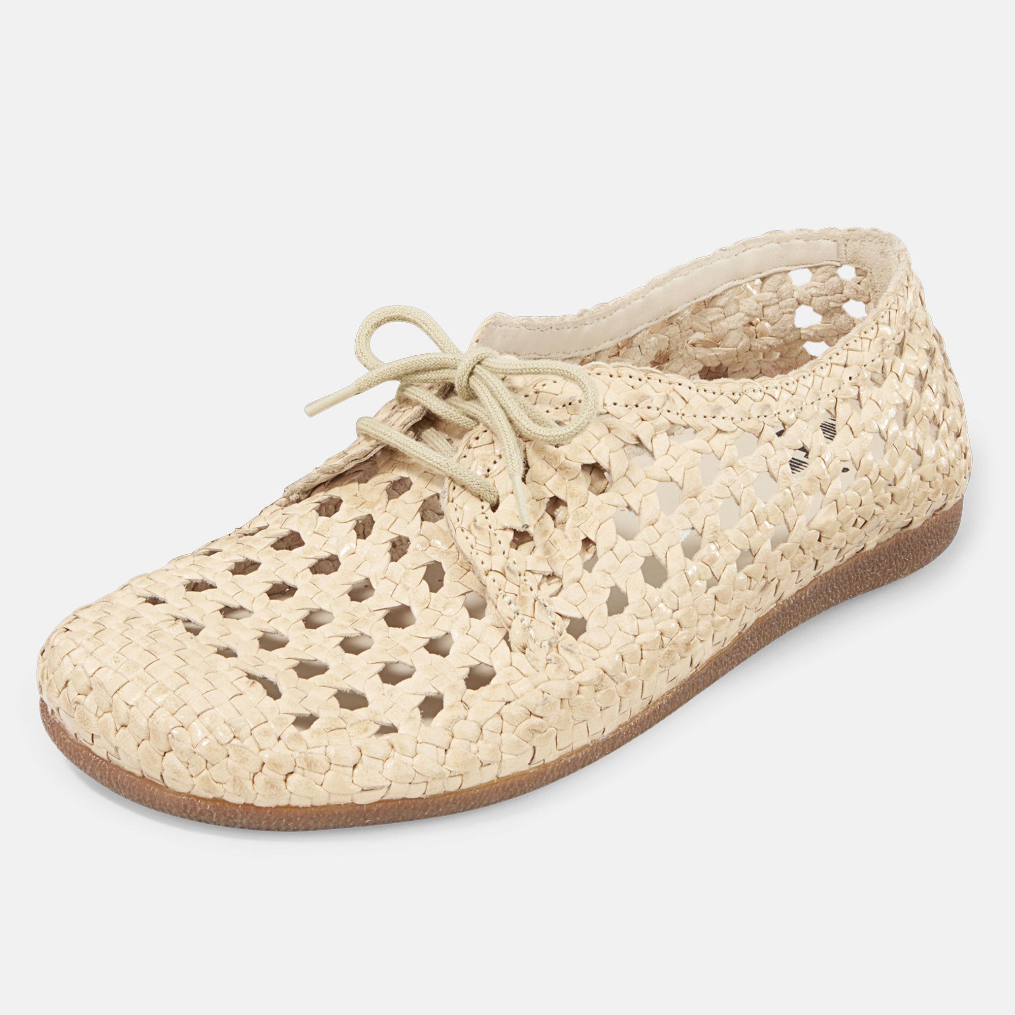 Beige Schnürschuh mit Lochmuster. Flache Sohle, Schnürsenkel. Weite: breit.