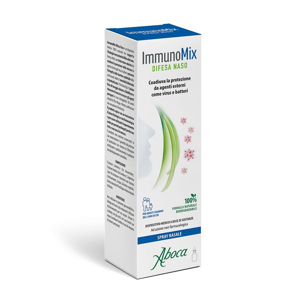 Scatola con stampa del prodotto. Testo: ImmunoMix Difesa Naso. Logo Aboca. Formula 100% naturale. Spray nasale.