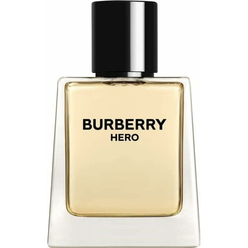Burberry Hero E.d.T. Nat. Spray. Eckiger Flakon mit schwarzem Verschluss. Aufschrift: BURBERRY HERO.