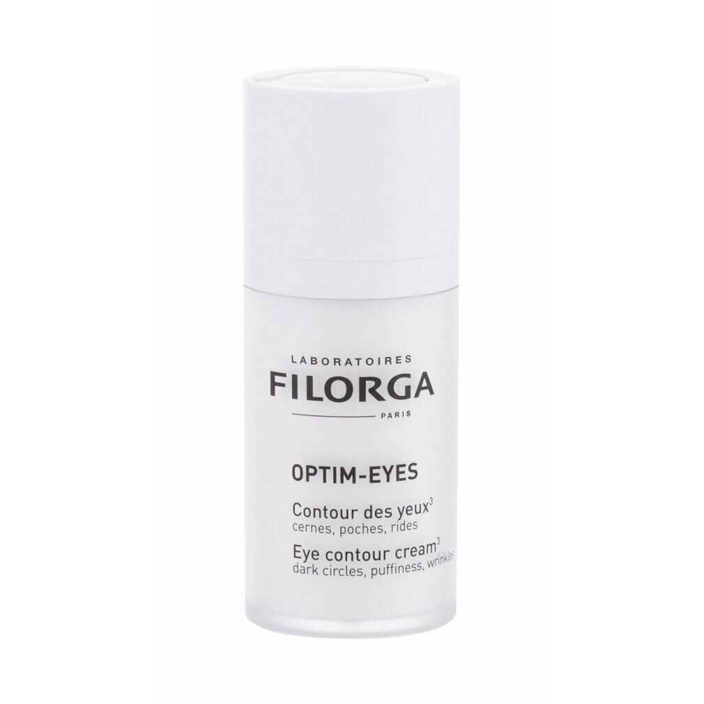 Weißer Filorga Optim-Eyes Augenkonturen Pflege-Spender. Mit Pumpkopf und Produktbezeichnung.