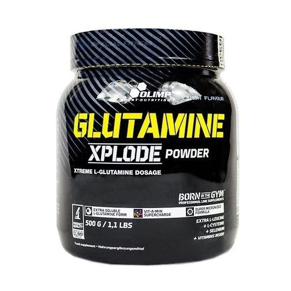 Olimp L-Glutamine Xplode Pulverbehälter, 500g. Schwarzer Behälter mit gelbem und weißem Text.