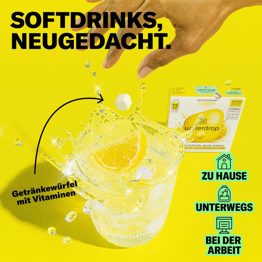 Glas mit Getränk und Zitrone. Eine Schachtel waterdrop® Zitrone. Auf der Schachtel steht "12". Text: Getränkewürfel mit Vitaminen. Icons: Zuhause, Unterwegs, Bei der Arbeit.