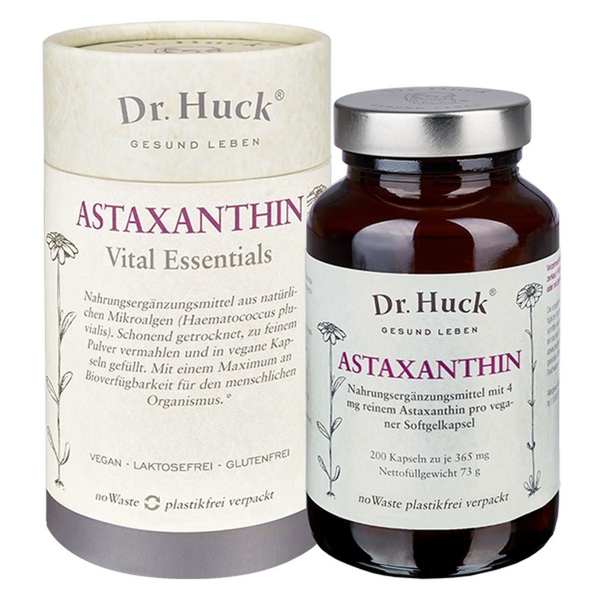 Bruine glazen fles en kartonnen doos voor Astaxanthine Dr. Huck. Labels met productinformatie.