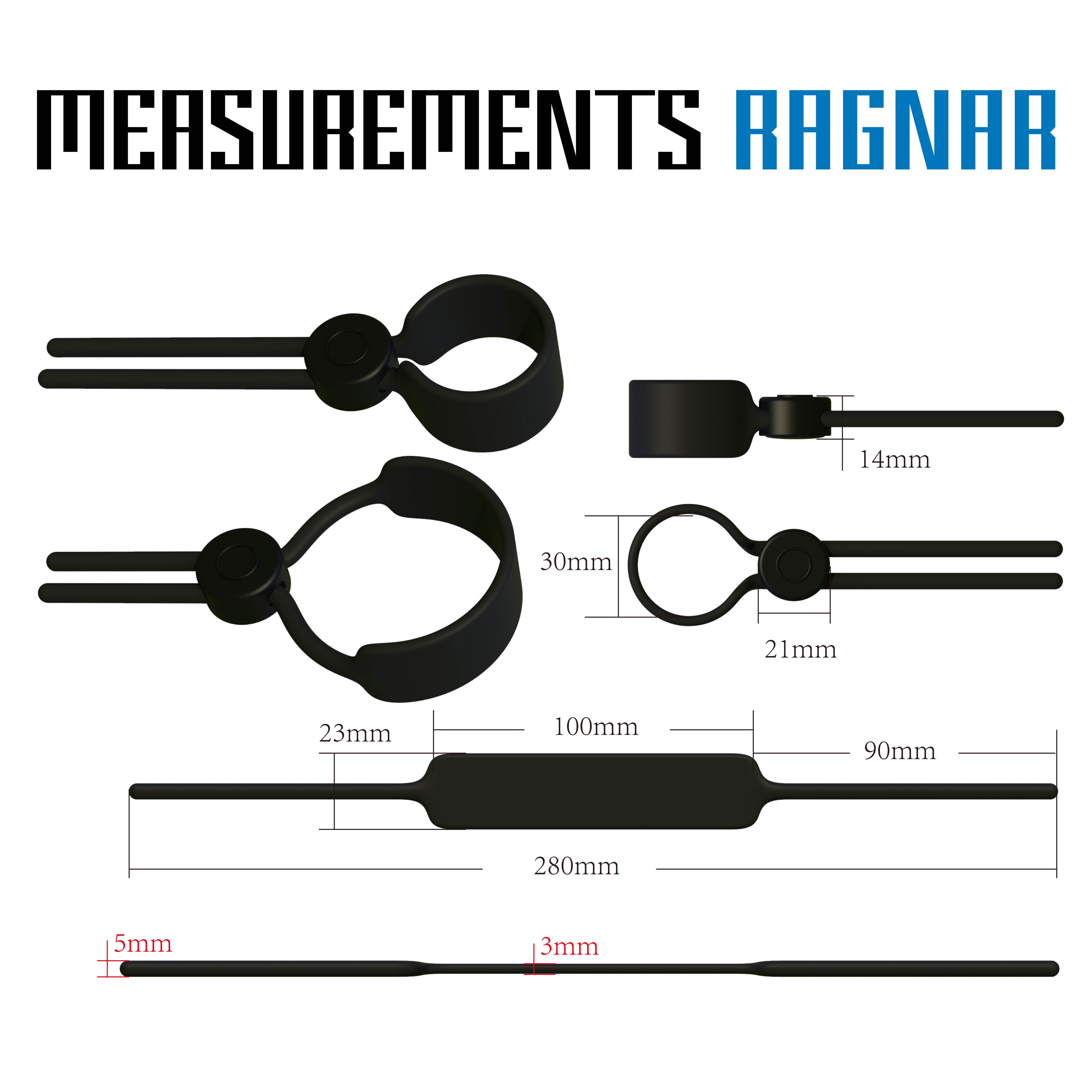 Schwarz Penisring mit verstellbarer Größe. Verschiedene Ansichten und Maße in mm. Text: MEASUREMENTS RAGNAR.