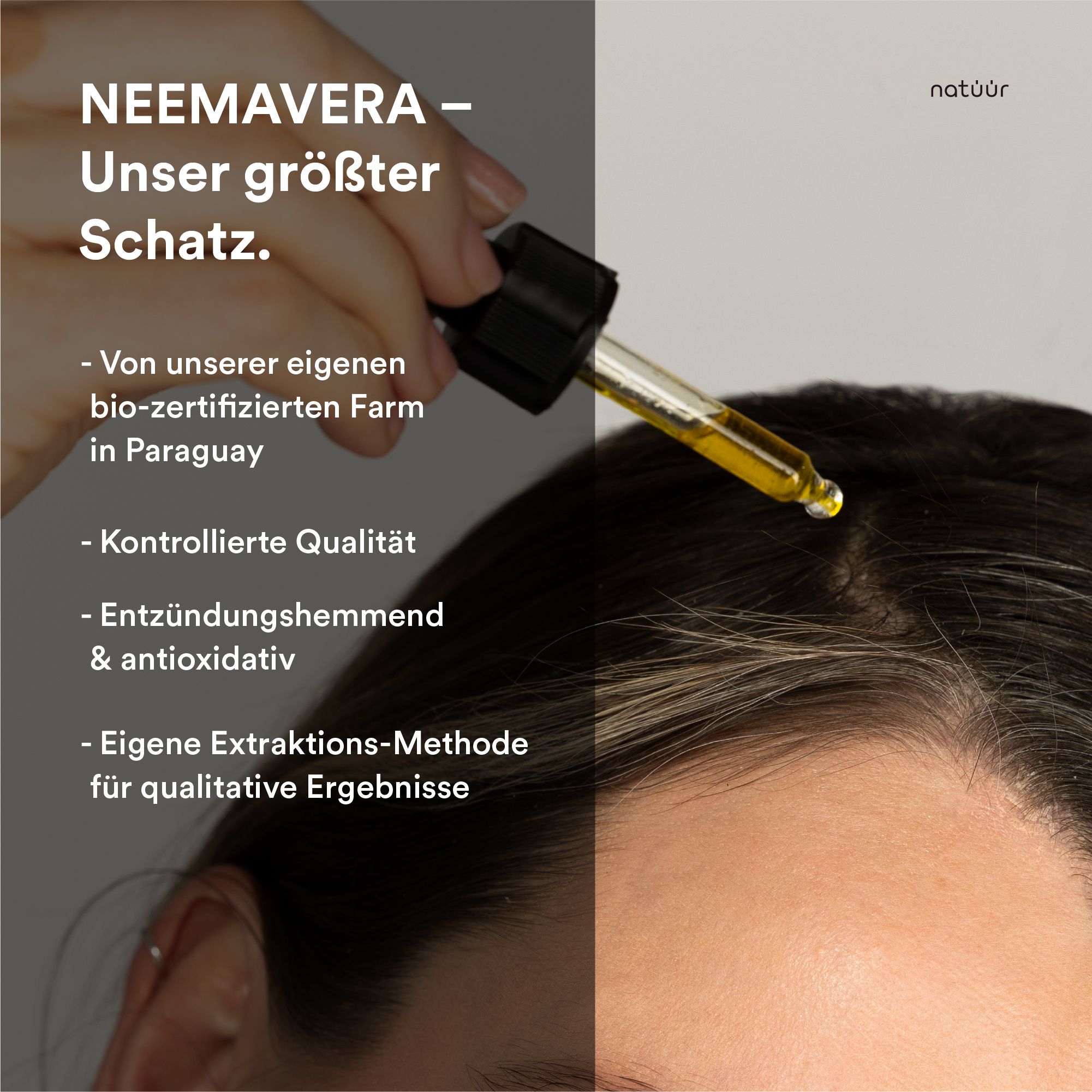 Produktabbildung von natüür Scalp Oil. Text: Neem, unser größter Schatz. Bio-zertifizierte Farm, kontrollierte Qualität.