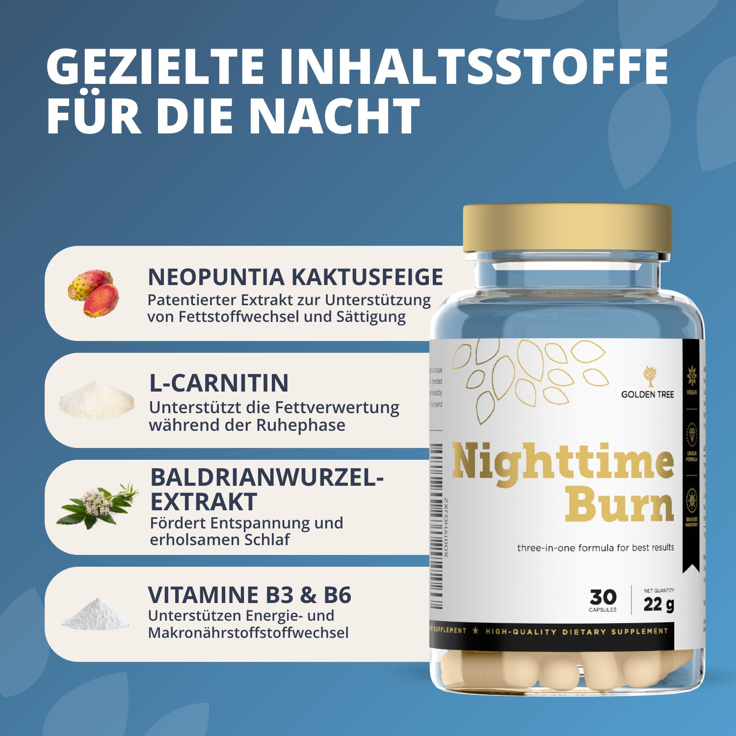 Golden Tree Nighttime Burn Flasche mit Liste gezielter Inhaltsstoffe für die Nacht.