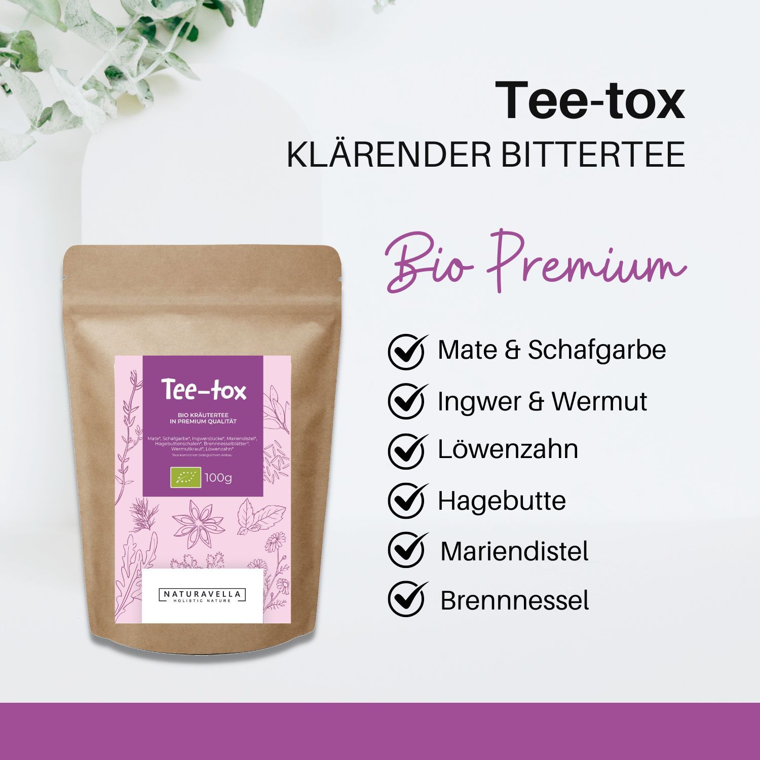 Brauner Beutel mit "Tee-tox"-Aufdruck. Enthält Mate & Schafgarbe, Ingwer & Wermut, Löwenzahn, Hagebutte, Mariendistel und Brennnessel. Naturavella-Logo.
