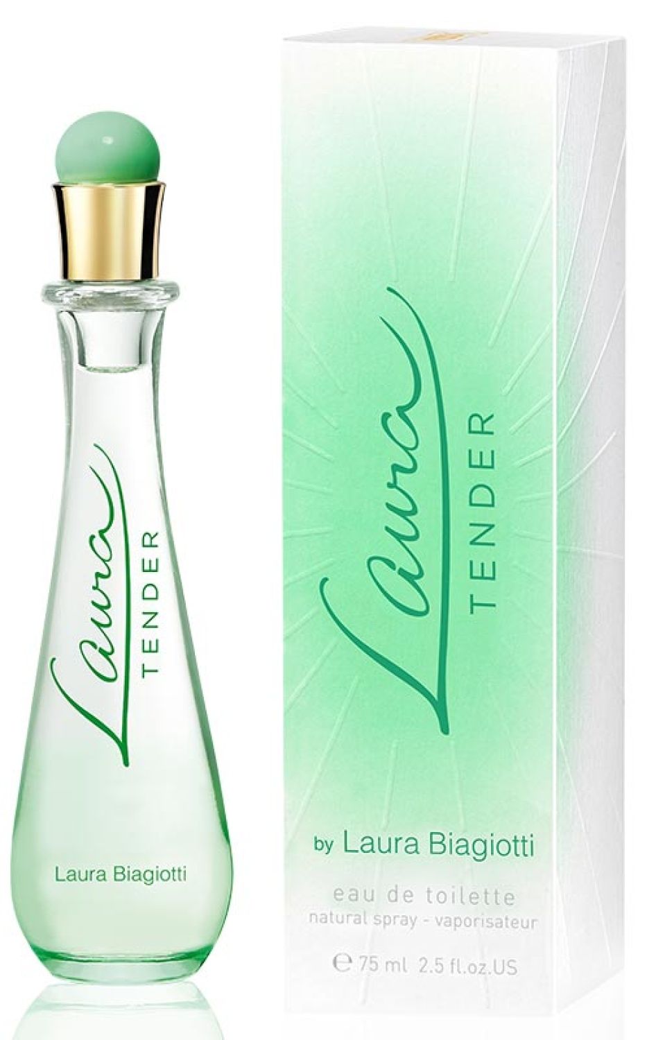 Eau de Toilette Spray Laura Tender, Flakon und Verpackung. Flakon aus Glas, grünliche Flüssigkeit, grüner Deckel, goldener Ring.