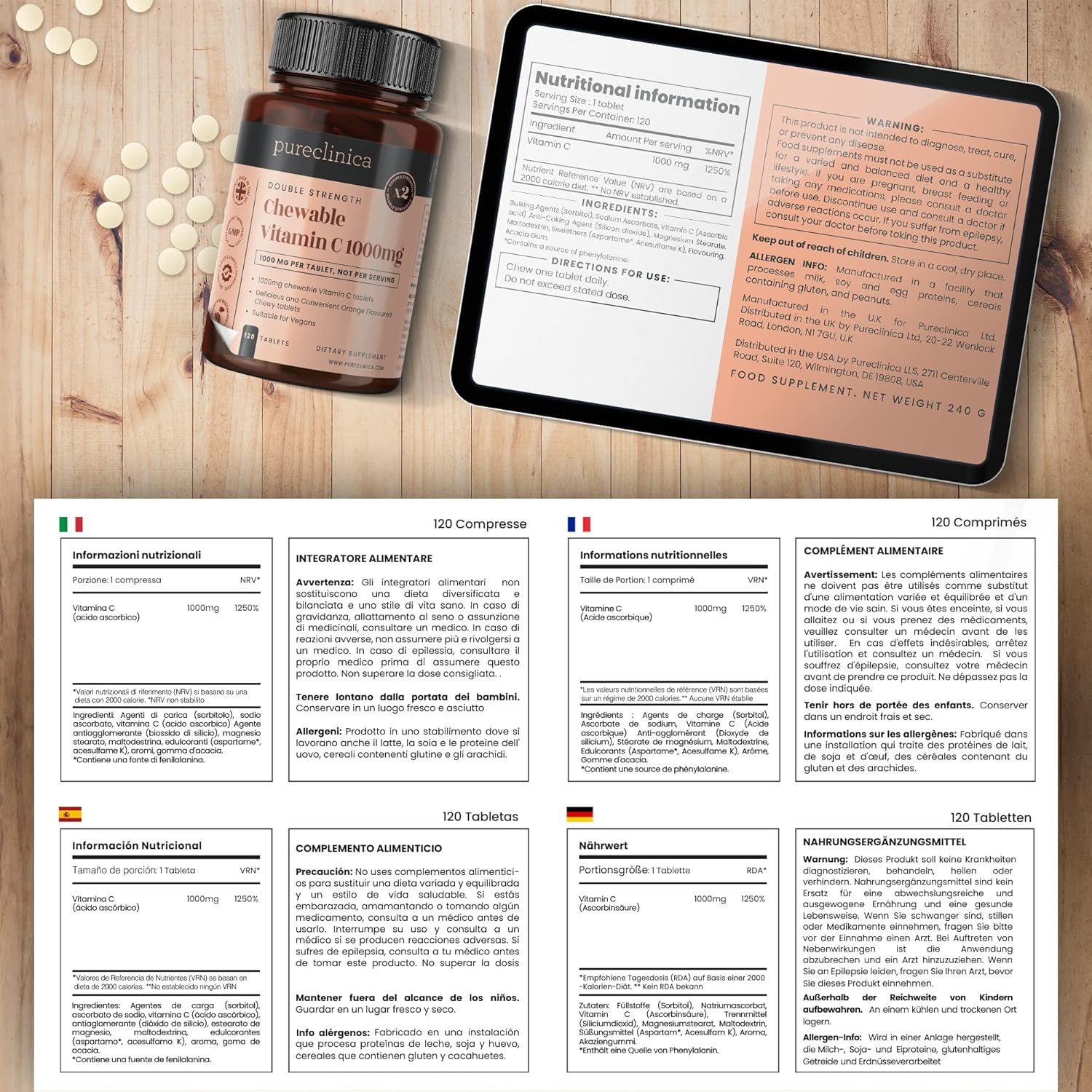 Braune Flasche Pureclinica Vitamin C Tabletten, Tablette daneben, Tablet-Bildschirm mit Nährwertinformationen und mehrsprachigen Texten.