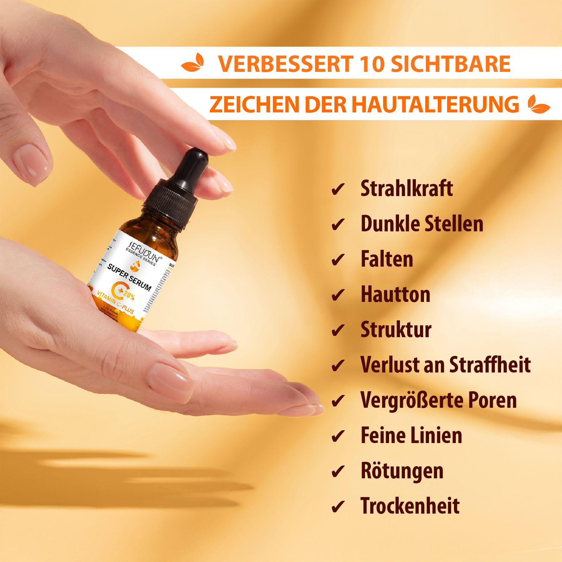 Hand hält eine Flasche Serum. Text: Verbessert 10 sichtbare Zeichen der Hautalterung. Auflistung von Vorteilen.