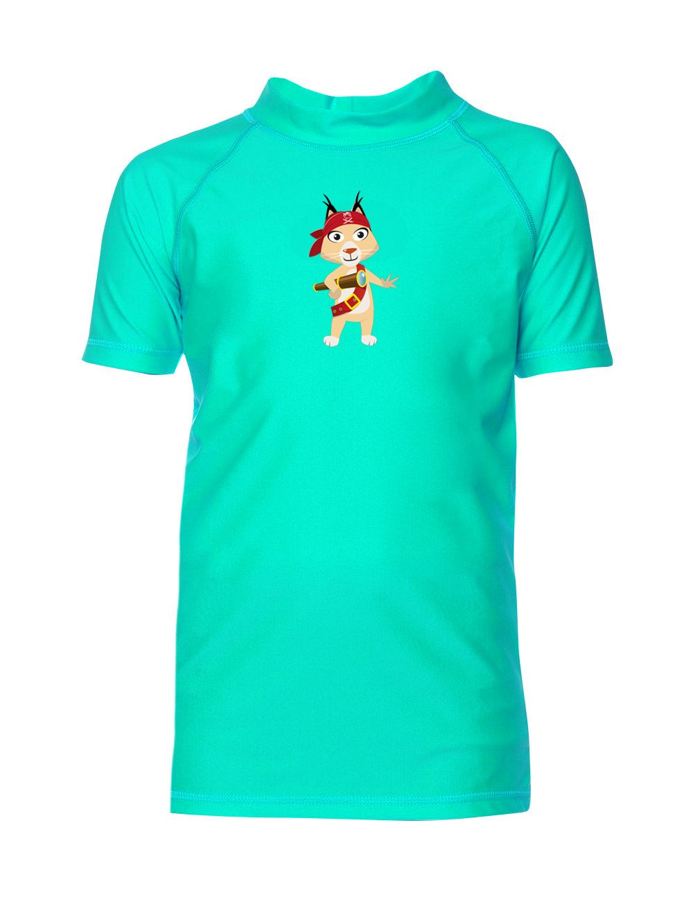Türkisfarbenes Kinder-UV-Shirt mit kurzem Arm. Aufdruck: Cartoon-Figur. Stehkragen. Hellblaue Nähte.