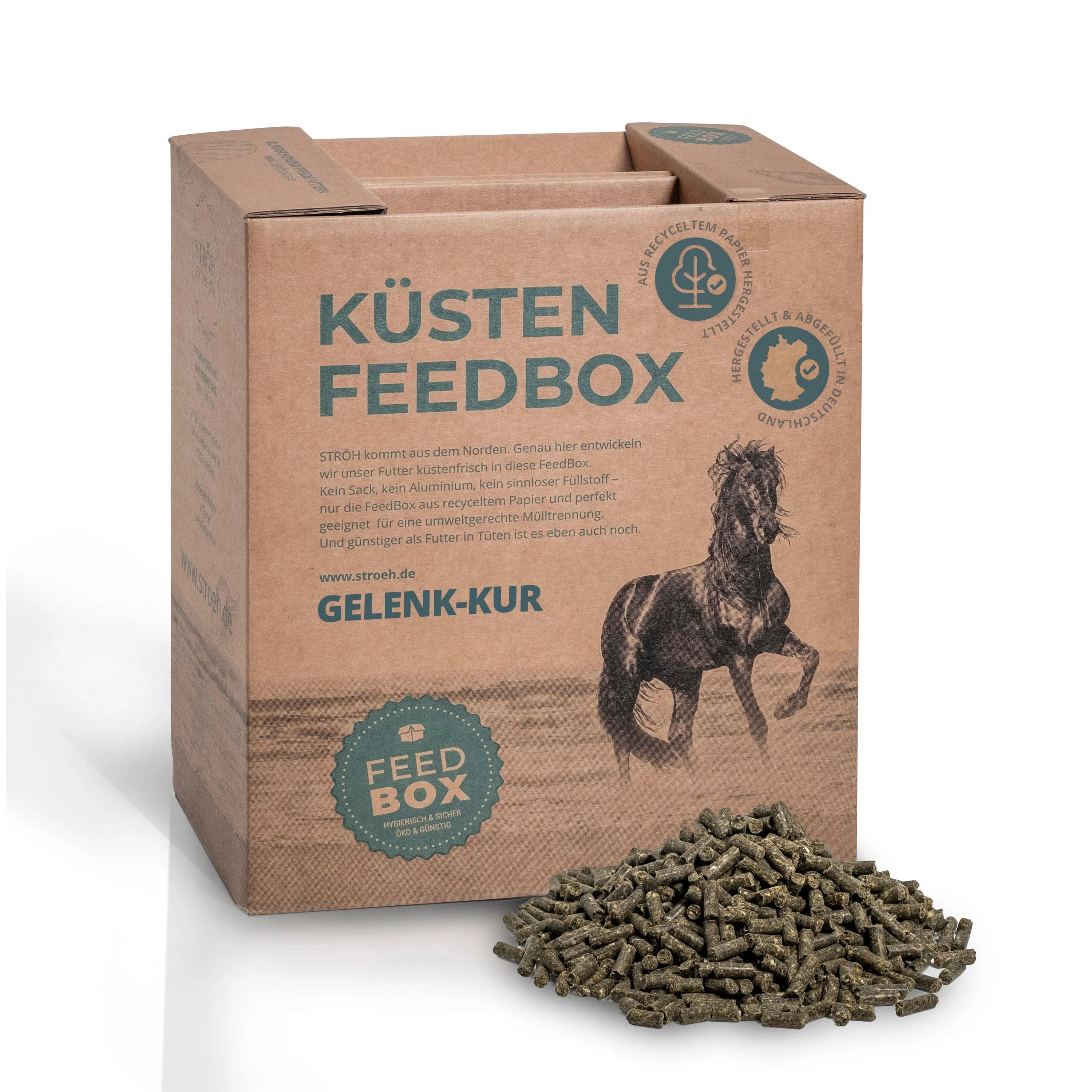 Karton "Küsten Feedbox" mit "Gelenk-Kur"-Aufdruck, braun. Pferde-Abbildung. Futterpellets daneben.