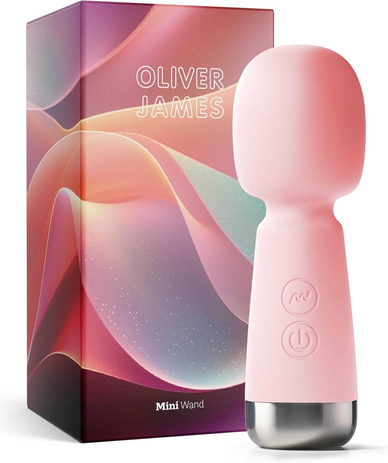 Oliver James Mini Wand Vibrator in Pastellrosa mit silbernem Sockel und zwei Bedienelementen.