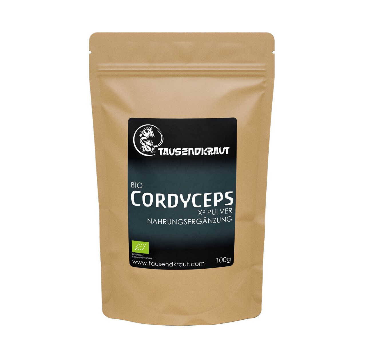 Beutel mit schwarzem Etikett. Aufschrift: BIO Cordyceps X² Pulver. Marke: Tausendkraut. 100g. Siegel.