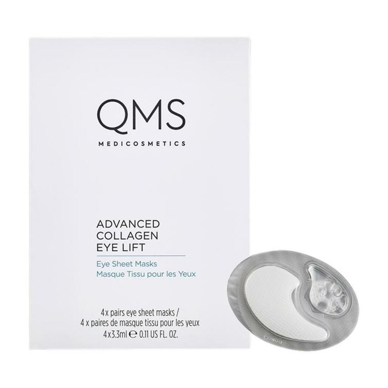 QMS Advanced Collagen Eye Lift Sheet Mask. Weiße Verpackung mit Produktinformationen und Maske.