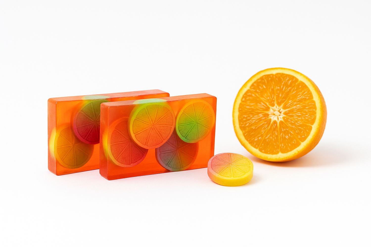 Zwei rechteckige, orangefarbene Seifenstücke mit farbigen Scheiben. Daneben eine halbe Orange und eine kleine Seife.