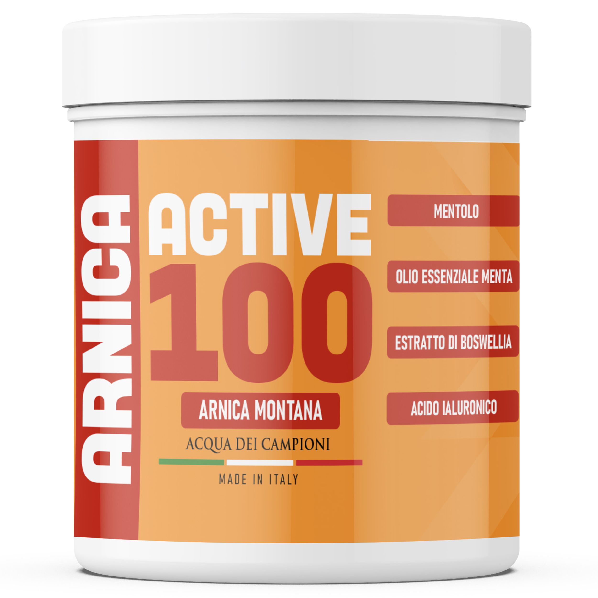 Behälter "Arnica Active 100". Aufschrift: Arnika Montana, Acqua dei Campioni, Made in Italy. Inhaltsstoffe: Menthol, Pfefferminzöl, Boswellia-Extrakt, Hyaluronsäure.