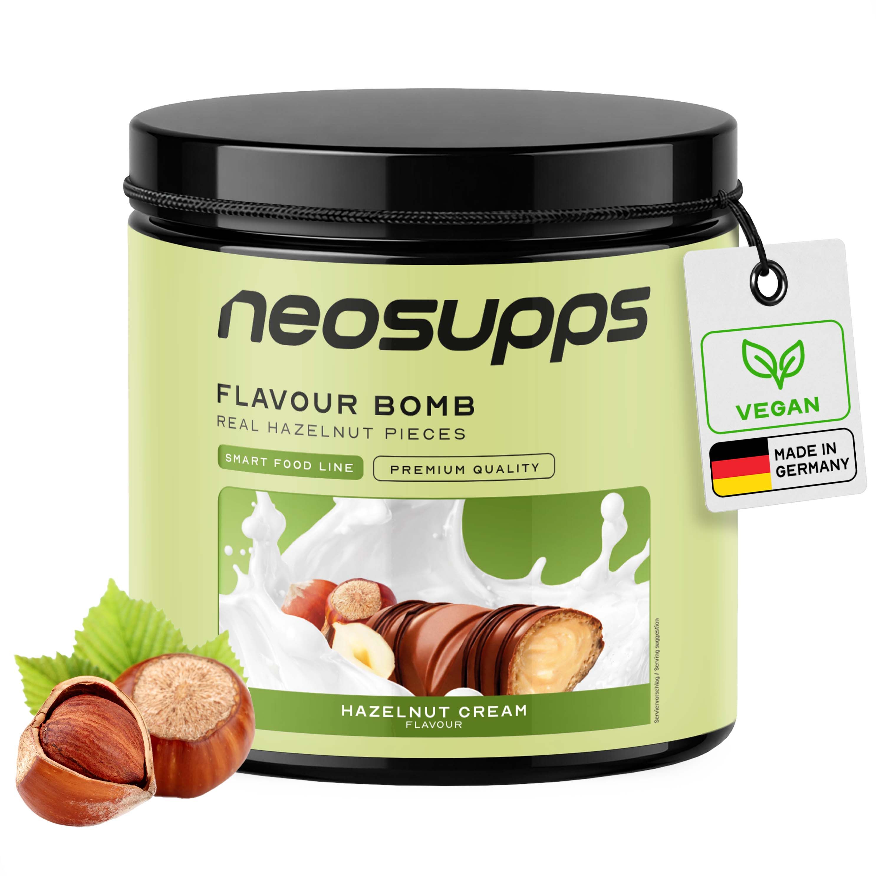 Neosupps Flavour Bomb, Haselnusscreme-Geschmack, mit echten Haselnussstücken. Vegan, Made in Germany.