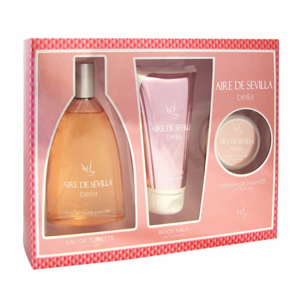 Geschenkset mit Eau de Toilette, Body Milk und Creme. Rosa Verpackung mit Produktnamen. Flakon, Tube und Tiegel sichtbar.