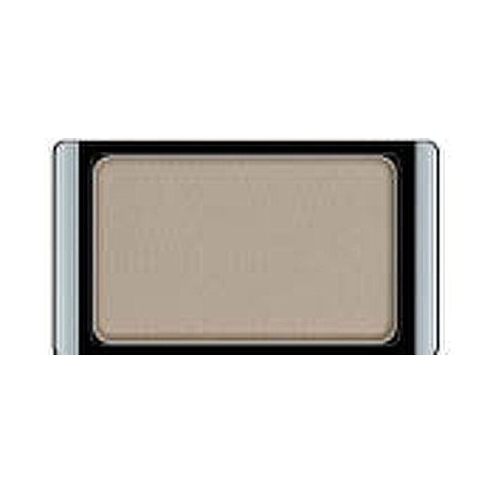 Lidschatten in hellgrau-beige. Rechteckige Form, in schwarzem Rahmen mit silberner Umrandung. Mattes Finish.