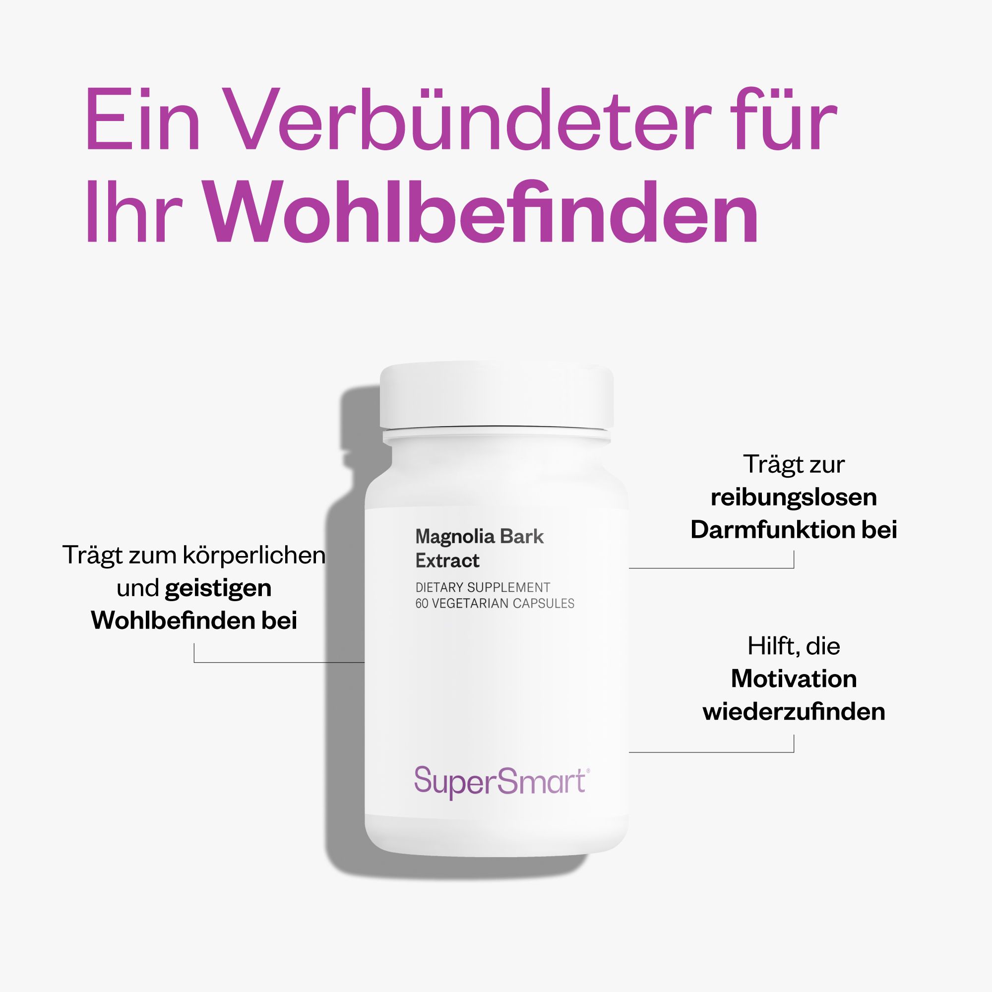 Weiße Flasche mit Magnolia Bark Extract. Text: Dietary Supplement, 60 vegetarische Kapseln. SuperSmart-Logo.