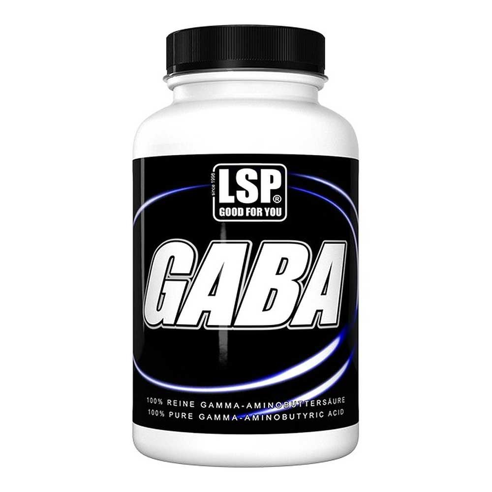 Weiße Flasche mit schwarzem Deckel. Aufschrift "LSP GABA". Text: 100% reine Gamma-Aminobuttersäure. Logo: "GOOD FOR YOU".