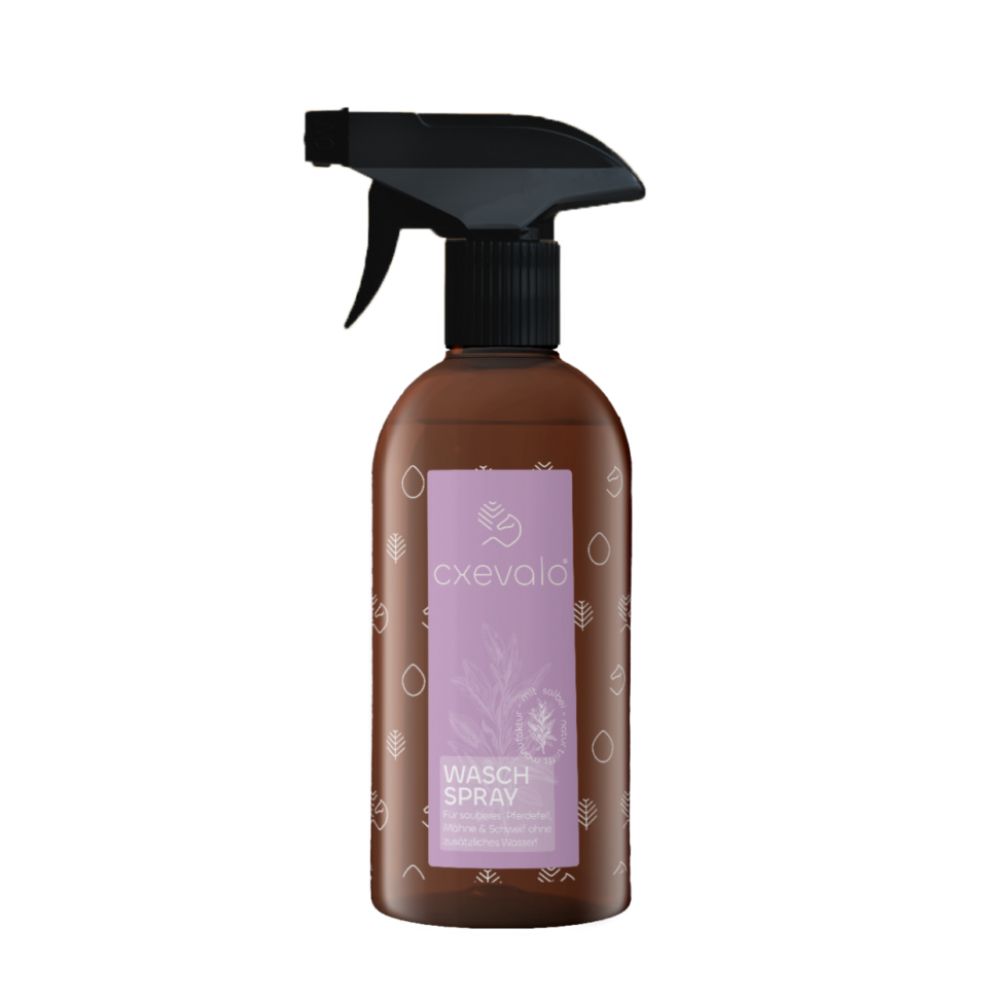 Braune Sprühflasche mit schwarzem Sprühkopf. Auf dem Etikett steht "cxevalo Wasch Spray".