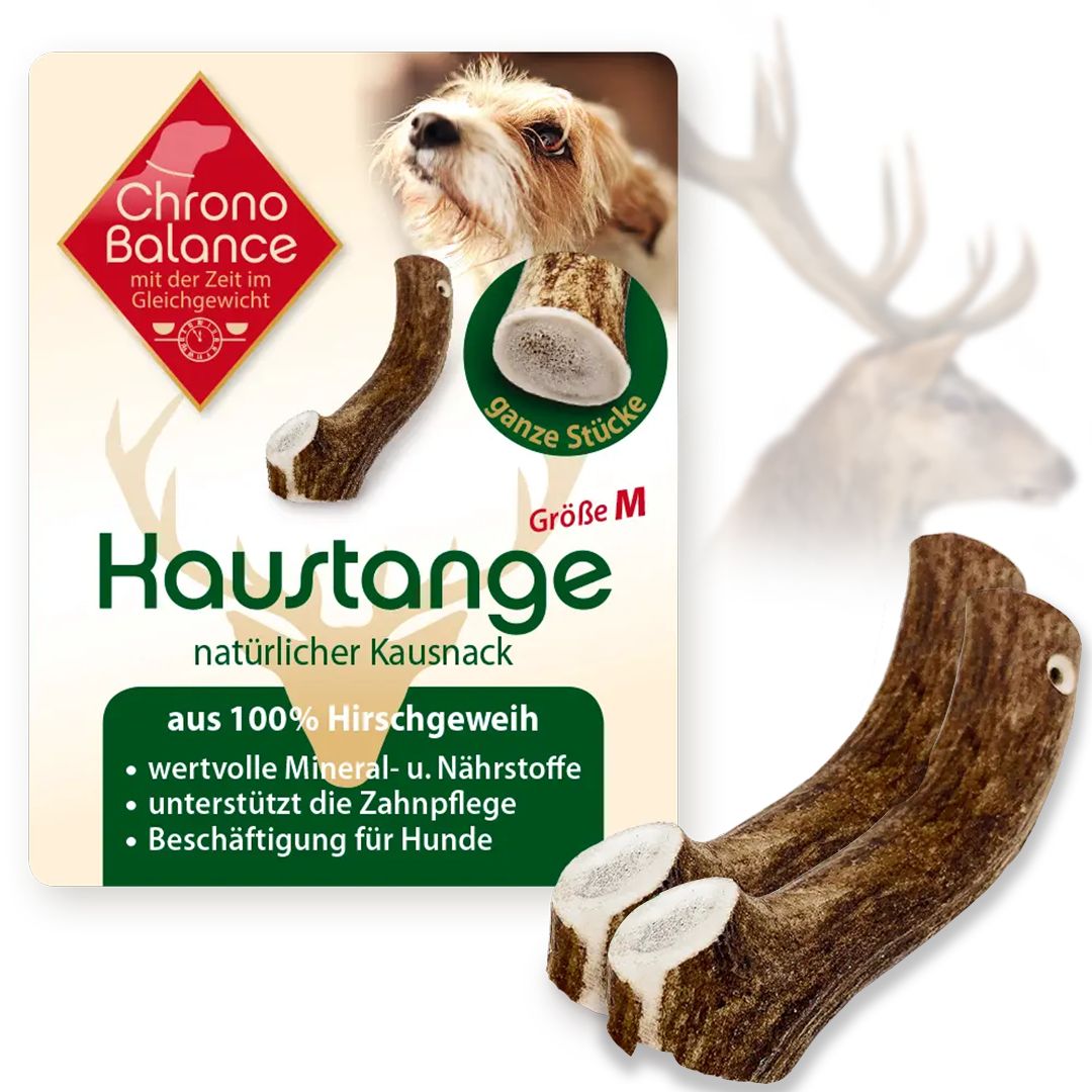 Kausnack aus Hirschgeweih. Braune Farbe, Größe M. Aufschrift: Chrono Balance, Kausnack, natürliche Inhaltsstoffe. Für Hunde.