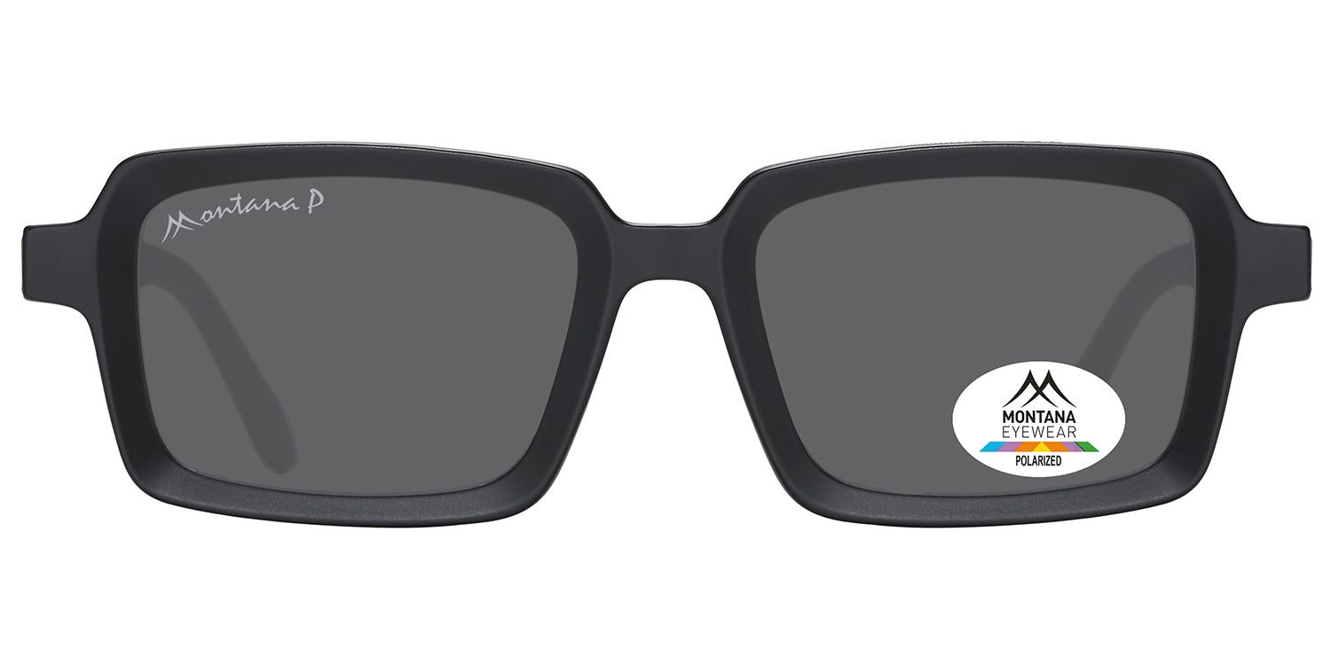 Schwarze Sonnenbrille mit rechteckigen Gläsern. Montana Eyewear Logo auf dem Bügel und Glas. Polarisiert-Aufkleber.