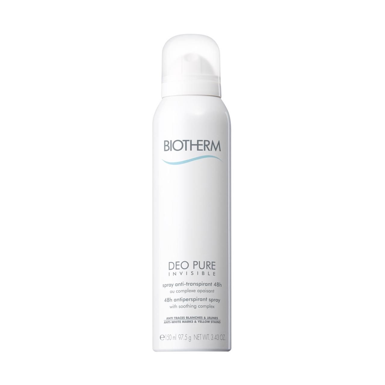 Weißes Deospray mit Sprühkopf. BIOTHERM, DEO PURE INVISIBLE. Text: Anti-Transpirant 48H, mit beruhigendem Komplex.