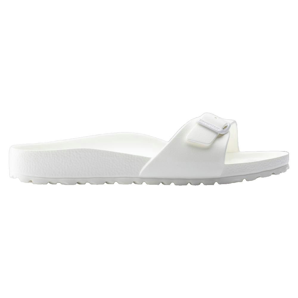Sandalo bianco con fibbia. Vista laterale. Suola profilata. Birkenstock Madrid Normale.