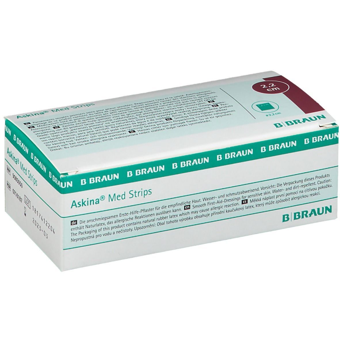 Askina Med Strips-Verpackung. Weiß-grüne Schachtel mit Produktnamen, Größe 2,2 cm und B. Braun-Logo. Text in mehreren Sprachen.