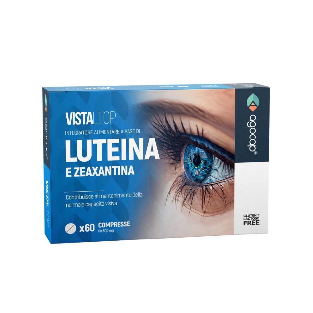Confezione di Vistaltop, integratore per la salute degli occhi. Contiene Luteina e Zeaxantina. Senza glutine e lattosio.