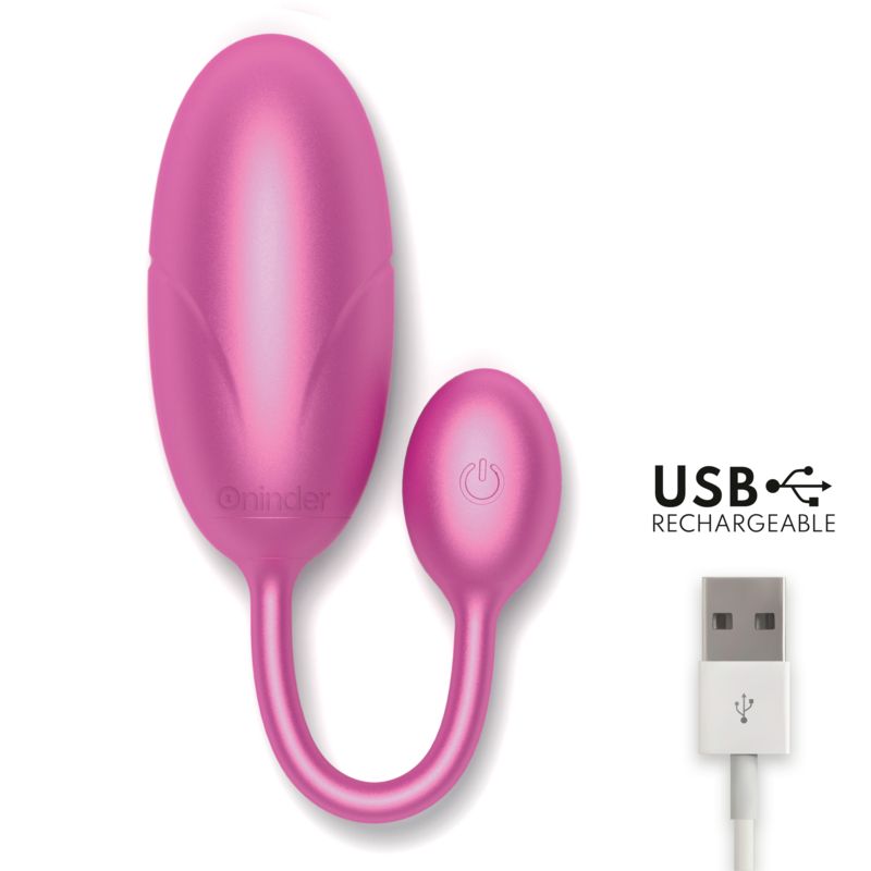 Rosa Ei-förmiges Produkt mit flexiblem Stiel. Mit 'Oninder' beschriftet. USB-Aufladung.
