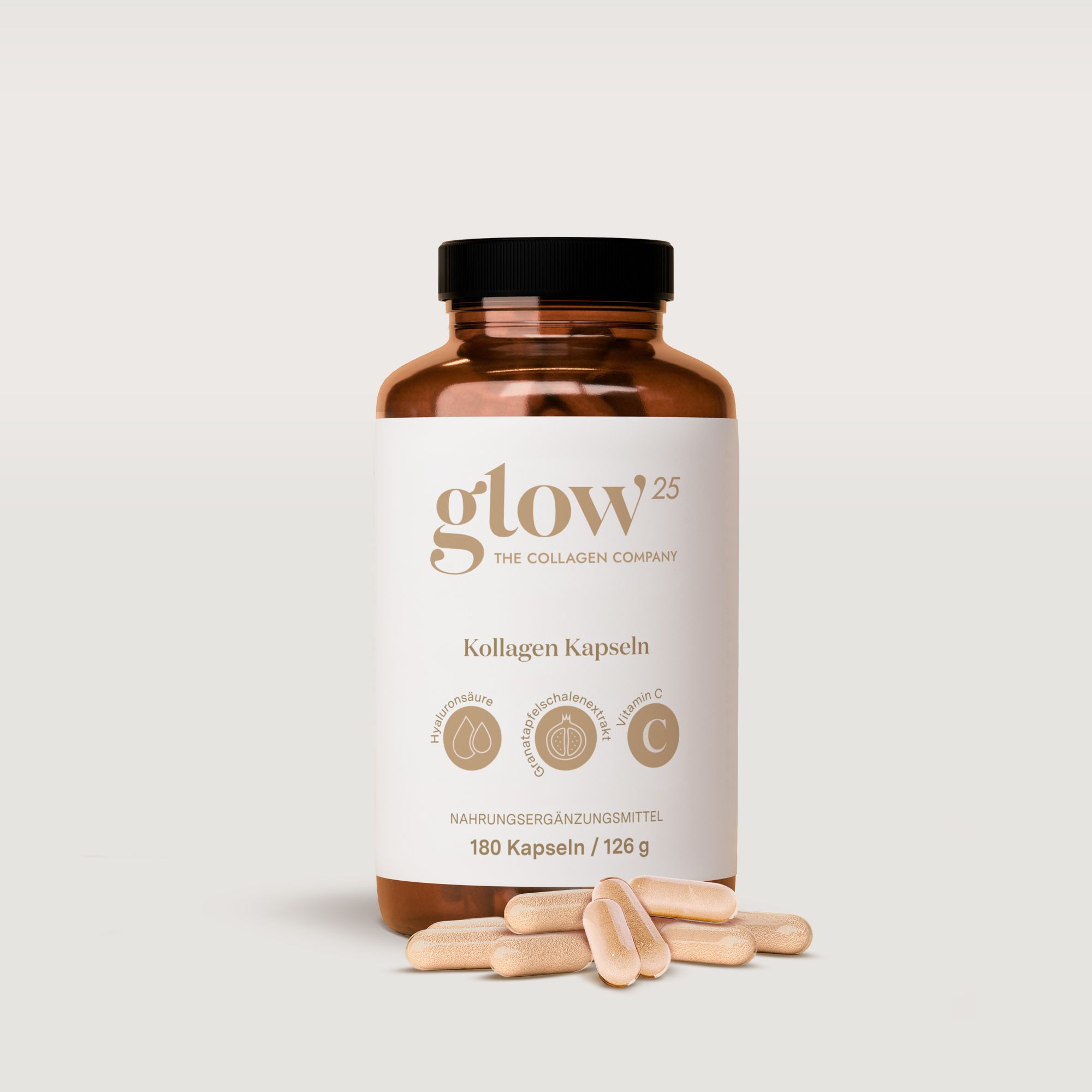 Braune Glasflasche mit schwarzen Deckel. Etikett mit Produktinformationen: Glow25 Kollagen Kapseln, 180 Kapseln.