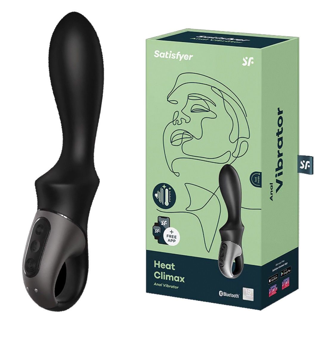 Analvibrator, schwarz-grau, neben Verpackung. Verpackung mit Produktabbildung, Schriftzug "Satisfyer", "Heat Climax Anal Vibrator".