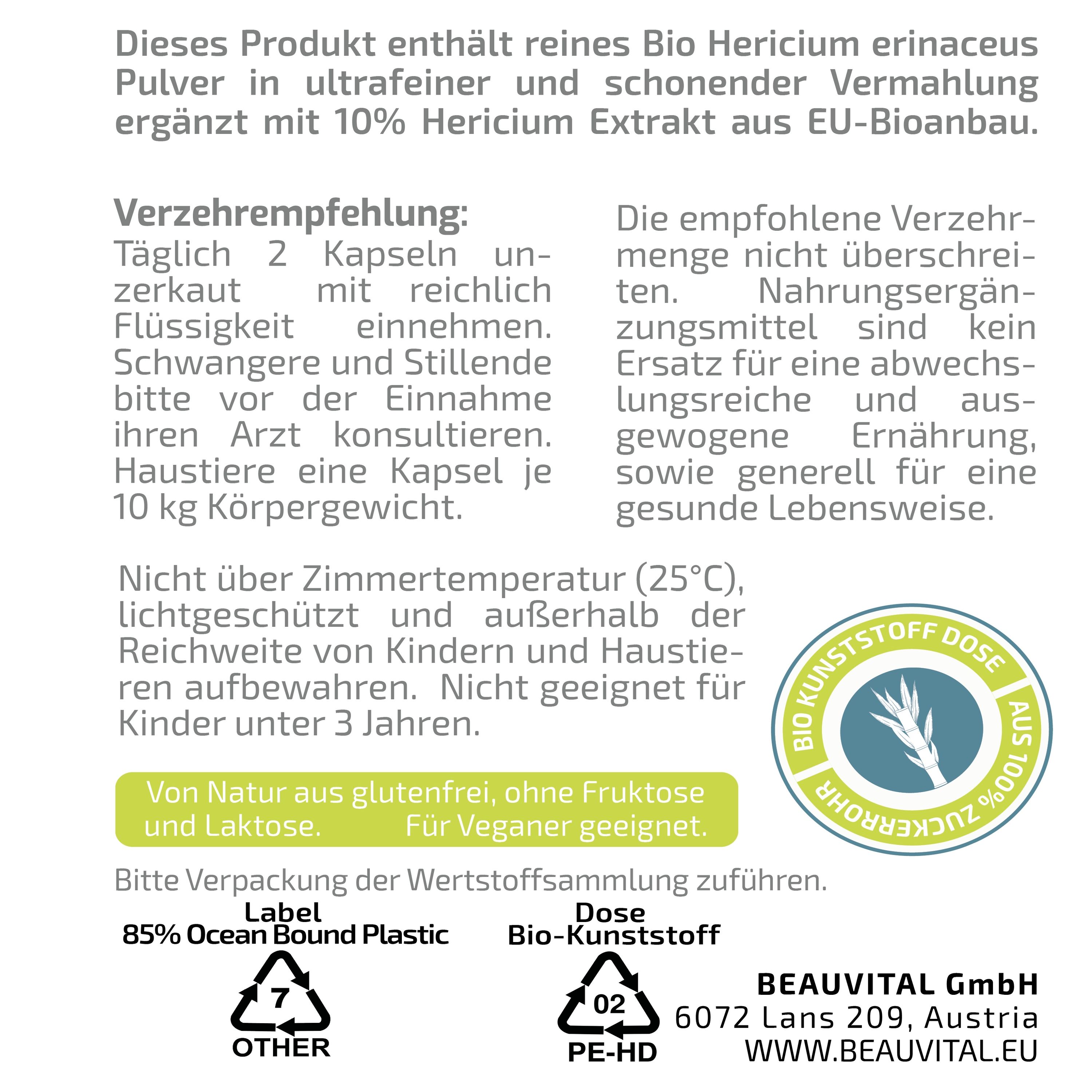 BEAUVITAL® Pure Bio Hericium Kapseln mit 10% Lions´s Mane Extrakt