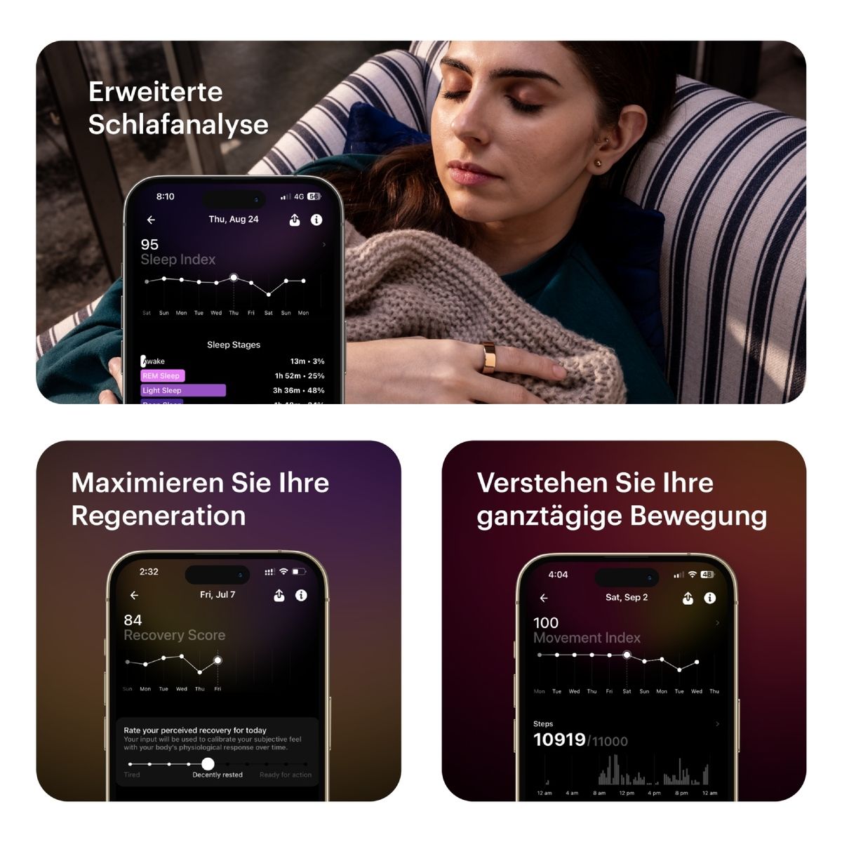Drei Smartphone-Anzeigen: Schlafindex, Erholung, Bewegungsindex. Person schläft im Hintergrund.