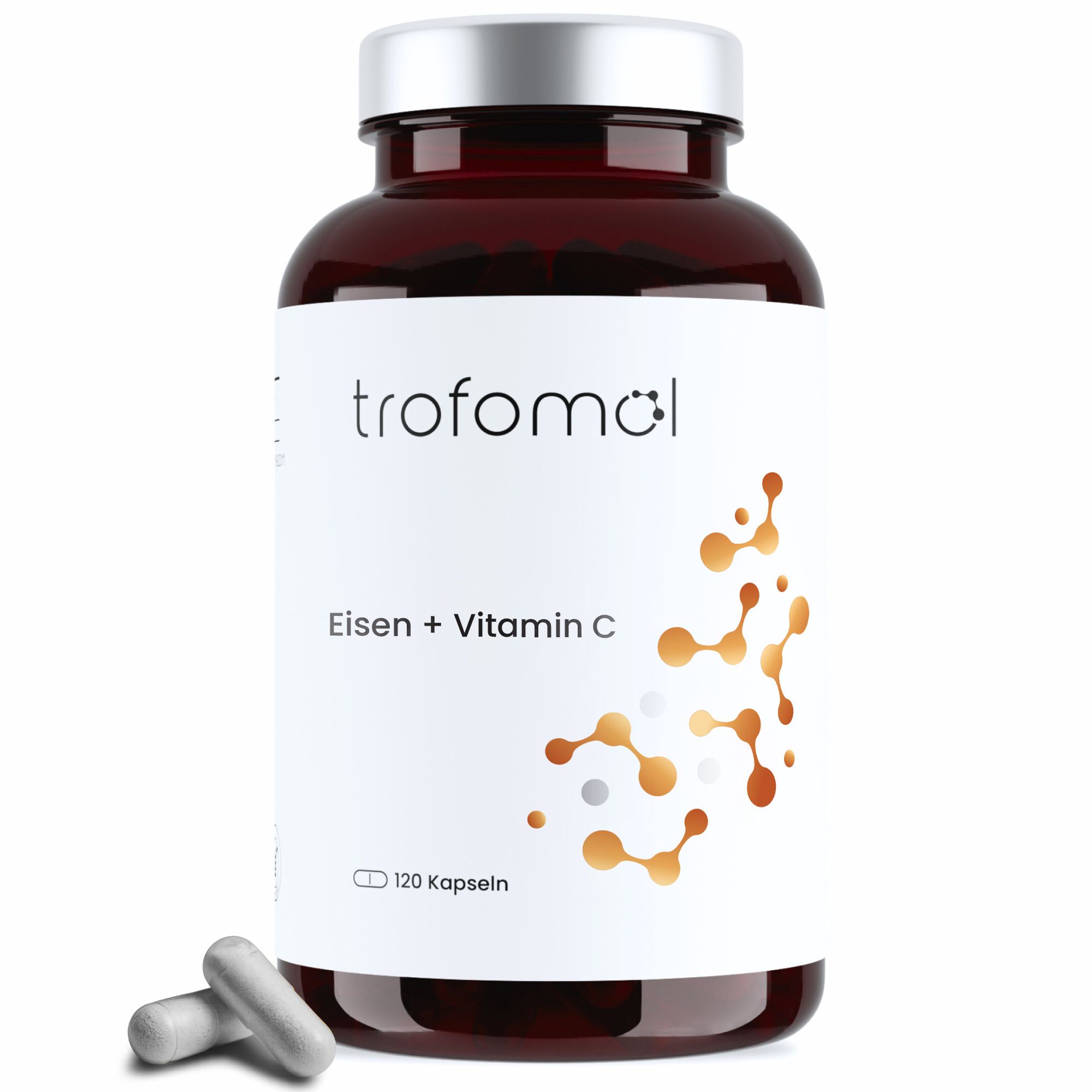 Braune Flasche mit Kapseln. Aufschrift: trofomol Eisen + Vitamin C. 120 Kapseln.